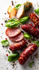 Succulent cured meats arranged artistically with fresh basil leaves and colorful peppercorns, showcasing the delicious variety of charcuterie for food enthusiasts and culinary lovers alike.
