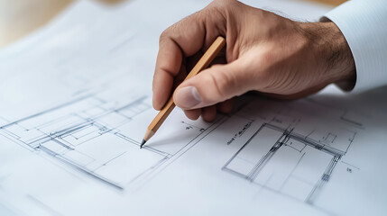 Architect at work: Hand sketching house plans with a wooden pencil on a white paper. Detailed technical drawing for building construction and interior layout. Crafting the future!