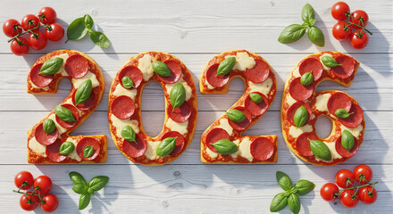 Pizza in the shape of New Year 2026 numbers, decorated with tomatoes and basil on a light wooden surface, for pizzerias, restaurants, and festive promotions