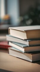 Stacked books on a wooden table, illuminated by soft sunlight filtering through a window, create a warm and inviting atmosphere perfect for reading or studying.