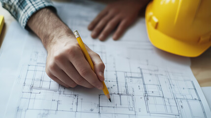 Drafting a new plan for a more efficient house layout. The yellow pencil glides over the blueprint, marking the start of something new and innovative.