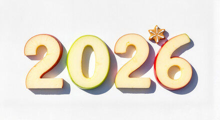 Apple slices form the numbers 2026 with a star on a white background for New Year celebration, for healthy promotions and creative marketing