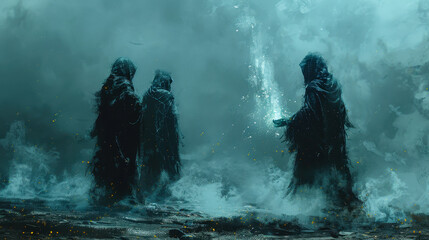 Undead Sorcerer Casting Magic Spell in Eerie Foggy Night, Digital Art Illustration, Dark Fantasy, Three Mysterious Cloaked Figures, Mystical Energy, Spooky Atmosphere, High-Quality Concept Art