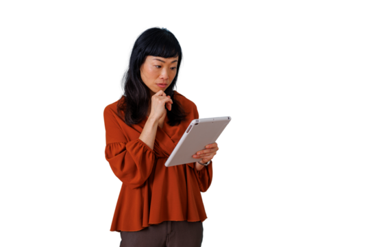Woman thinking, using tablet for business communication, analyzing data, researching content, transparent background