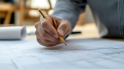 Architectural design in progress: A hand sketches precise lines on a blueprint with a pencil, showing skill and attention to detail in creating the architectural plan.