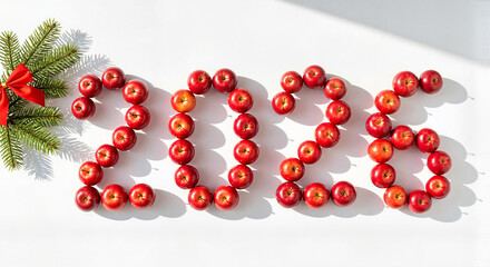 Red apples arranged to form the year 2026 with holiday decorations,  for festive promotions, catering, and seasonal marketing 