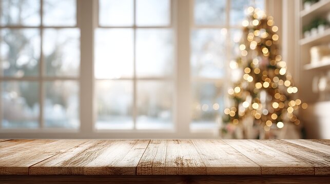 An empty wooden tabletop with a background of a blurred window and Christmas tree, featuring bokeh lighting, space for product display, with digital SLR quality and HDR effects.