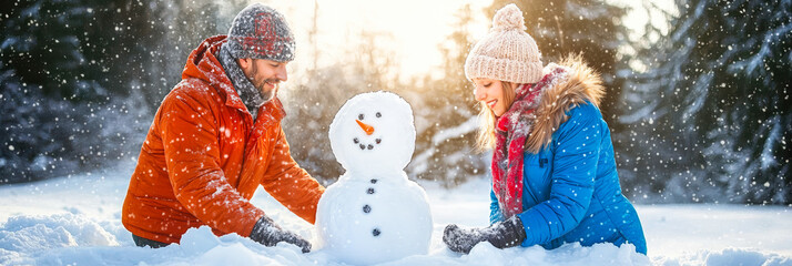 Mature couple building snowman together outdoors in winter forest with fresh snow and sunshine warm clothing fun activity during snowfall holiday season joyful moment outdoor recreation