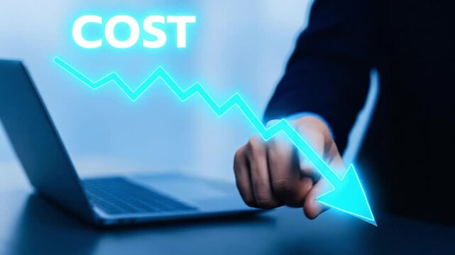 Digital Cost Reduction Strategy: Business Hand Points to Decreasing Expenses Chart on Laptop Screen with Glowing Arrow