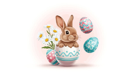 Cute Easter Bunny Peeking Out from a Cracked Egg Surrounded by Easter Eggs and Flowers