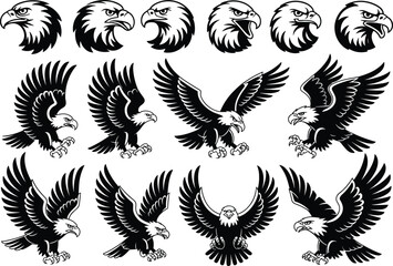 Eagle head and flying silhouette set, bold black and white vector, fierce bird emblem, patriotic animal design, majestic pose