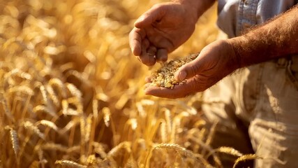A closeup image of a mans hands holding wheat grains against a golden wheat field. The man is wearing a blue shirt and beige pants, and the wheat grains are golden in color.