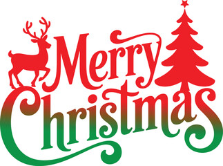 Festive Merry Christmas Typography with Red Reindeer and Stylized Tree for Seasonal Greeting Cards and Holiday Design