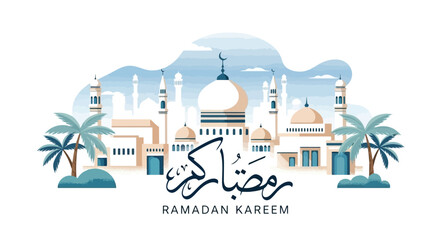 Ramadan Kareem illustration featuring a mosque and traditional arabesque design elements, with palm trees against a skyline