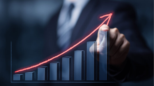 Professional drawing an upward curve on a digital chart, representing rising performance, financial evolution, corporate planning, strategic forecasting and business advancement