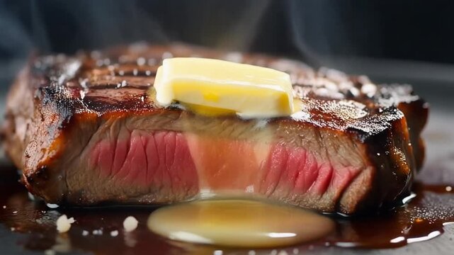 A close-up shot of a juicy, perfectly cooked steak topped with a melting pat of butter