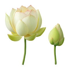 White Lotus Bloom and Bud PNG die-cut, a White Lotus Artwork in Luxury Realistic Style, Capturing the Calm Mood of a Beautiful White Lotus Flower for Wellness and Spiritual Concepts, lotus cutout.
