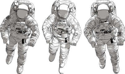 Three grayscale astronauts in detailed spacesuits floating against a dark background