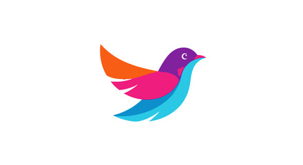 Obraz premium A vibrant, stylized bird logo with colorful wings in shades of orange, pink, purple, and blue, set against a white background.