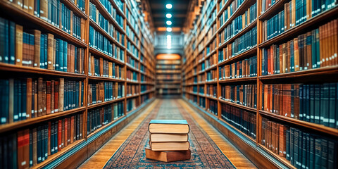 Library Aisle with Stacked Books Symbolizing Research and Knowledge for Academic Studies and Data Analysis