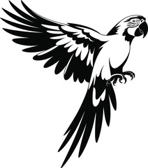 Flying parrot silhouette, tropical bird in motion, exotic wildlife vector, black and white illustration, dynamic wings, elegant avian pose