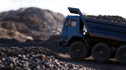 A blue heavy-duty dump truck laden with rocks stands on a worksite. The scene embodies strength, resilience, and the ceaseless drive of the construction sector.