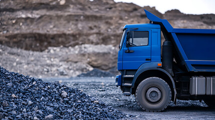 A blue dump truck stands ready at a construction site. The truck's robust design and powerful presence highlight its role in heavy-duty operations and infrastructure development.