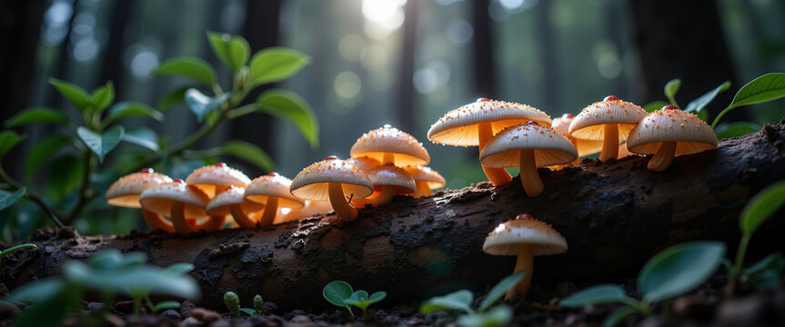 Bioluminescent fungi glowing on log in serene forest setting  