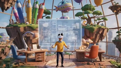 Immersive VR design: Character building a digital city plan in a creative futuristic studio dome - Powered by Adobe