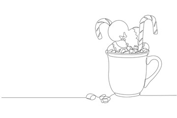 Single Continuous Line Drawing of Christmas Hot Cocoa with Candy Canes, marshmallows and Gingerbread Cookie. Editable stroke