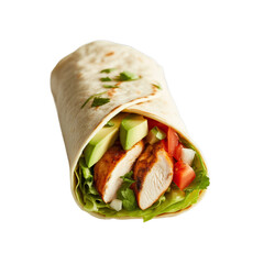 Chicken wrap with tomato cucumber and lettuce isolated on white background