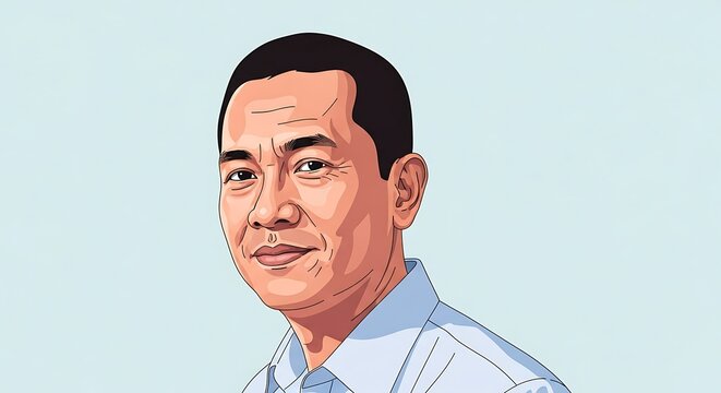 Portrait of a middle-aged Asian man with short black hair and a light blue collared shirt.
