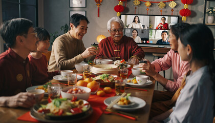 A family celebrating Chinese New Year dinner, connecting with relatives via video call on a TV screen, symbolizing virtual reunion.