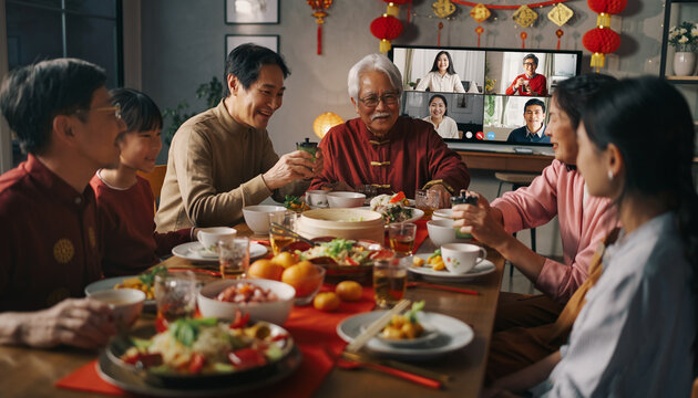 A family celebrating Chinese New Year dinner, connecting with relatives via video call on a TV screen, symbolizing virtual reunion.