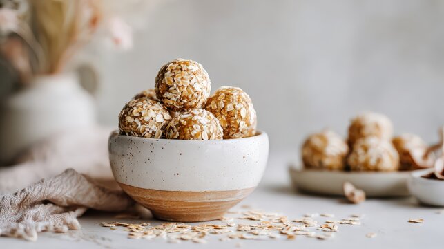 Homemade energy spheres coated with rolled oats are presented in a rustic ceramic bowl