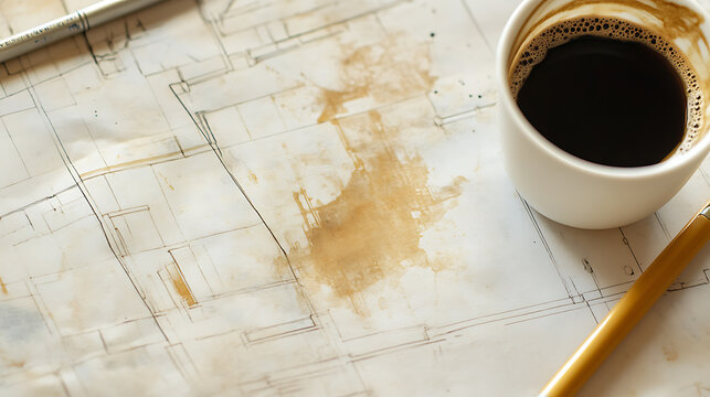 Blueprint stained with coffee, a tangible reminder of late nights and dedication. Pen and cup rest beside the architectural drawings, hints of progress and challenges.