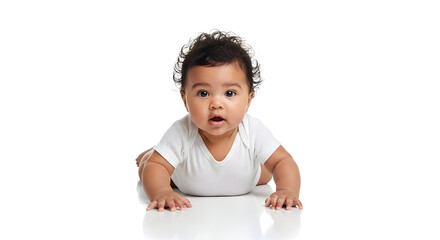 Adorable mixed race infant on tummy time, gazing with curiosity on a bright white studio background, perfect for baby and childhood themes.