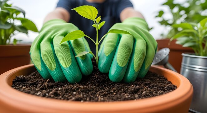 Hands in vibrant gloves nurture a seedling in rich soil, symbolizing growth and new beginnings beautifully - Powered by Adobe