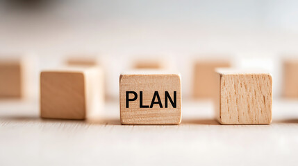 Conceptualizing plans using blocks. Wooden block with the word 'PLAN' stands out, representing strategy, organization, and decision-making. Plan strategically for future success.