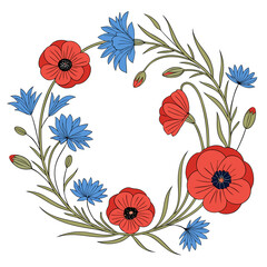 Charming wreath of red poppy and blue cornflower, intertwined with delicate green leaves, creating a vibrant and natural frame