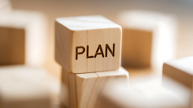 A stack of wooden blocks are seen in this close-up image. The word "PLAN" is engraved in capital letters on the side of one block. Perfect for projects, goals and motivation. - Powered by Adobe