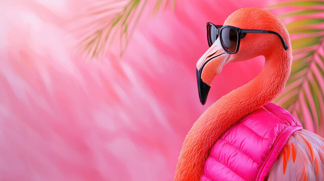 Fashionable flamingo wearing sunglasses and pink vest stands against vibrant pink background, exuding playful and stylish vibe