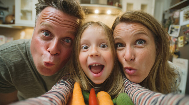 A family taking a selfie with vegetables in the kitchen making funny faces at the camera together now
