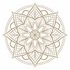 Elegant golden mandala design with circular border, featuring a symmetrical and intricate pattern with leaf elements, radiating spiritual harmony