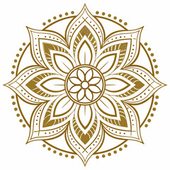Golden mandala design with circular border, showcasing a symmetrical and intricate pattern with floral elements, radiating elegance and spiritual harmony