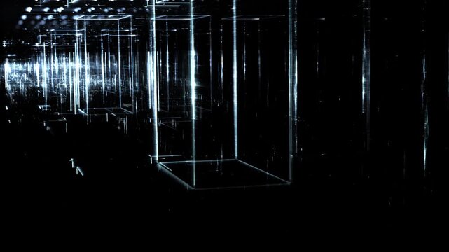 Leuchtende gitterf&ouml;rmige Geometrie f&uuml;r Technologie, Energie, Produktion & Datentransfer &ndash; moderne Architektur, Planung & Sicherheit visualisiert, blau
