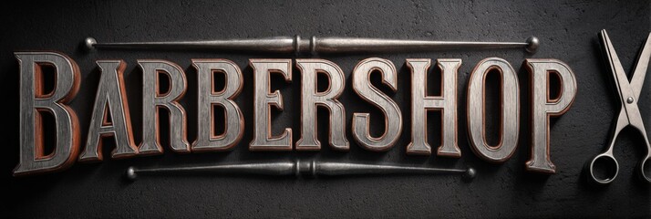 Sign Displaying Barbershop Name With Vintage Styling and Barber Scissors on Textured Black Background