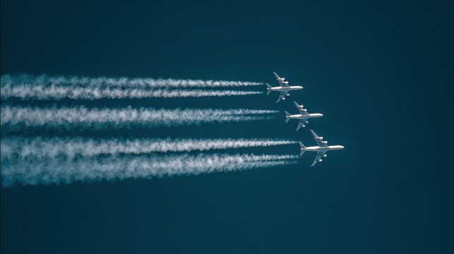 Three large passenger jets fly in close formation leaving white vapor trails against a deep blue sky