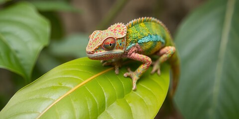Close up detailed view of vibrant panther chameleon basking on large tropical leaf showing its beautiful natural colors