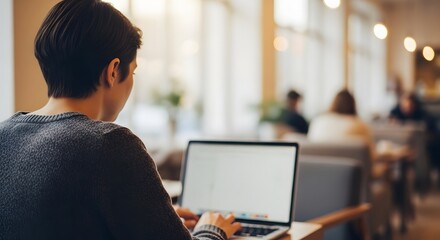 Young person focused on a laptop in a bright, modern cafe, embodying remote work and digital nomad lifestyle with strong connectivity